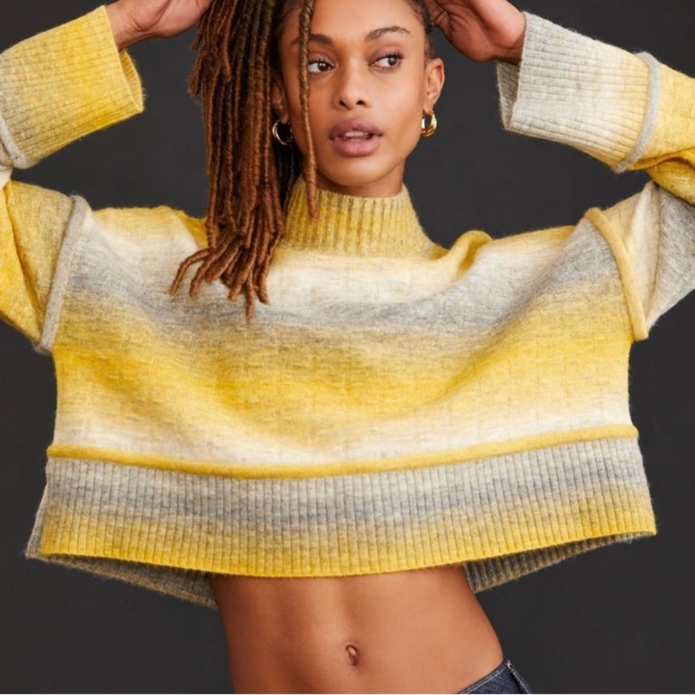 ANTHROPOLOGIE PILCRO Women’s Cropped Mock Neck Sweater Yellow‎ Sz L Boho Cozy
